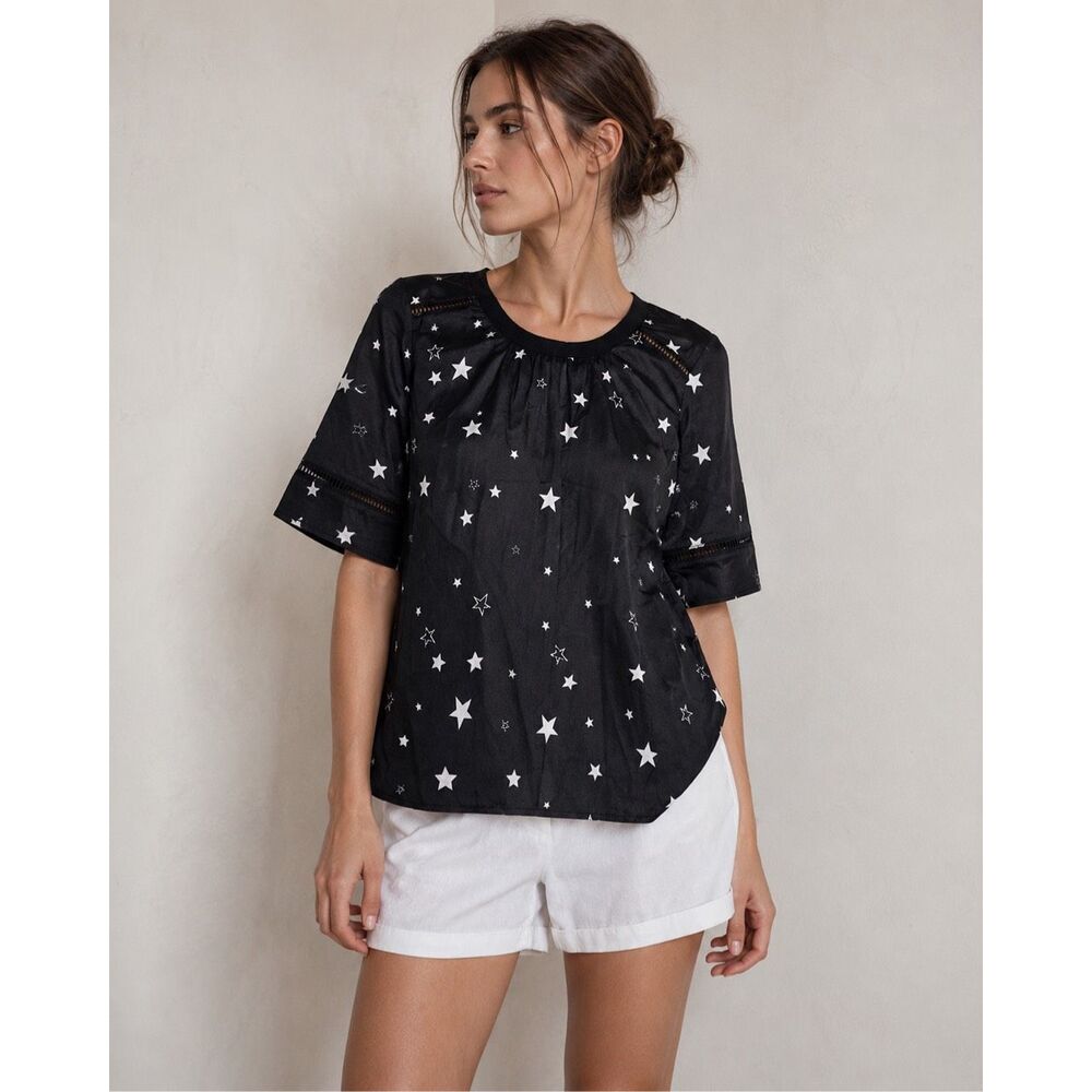 Zebra Black White Star Print Satin Blouse Ladder Trim Top Size S